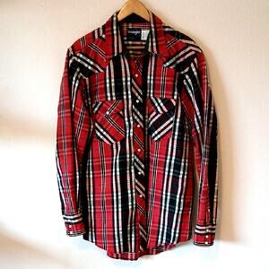 Wrangler Thick Red Plaid Flannel Work Western Pearl Snap Button Shirt